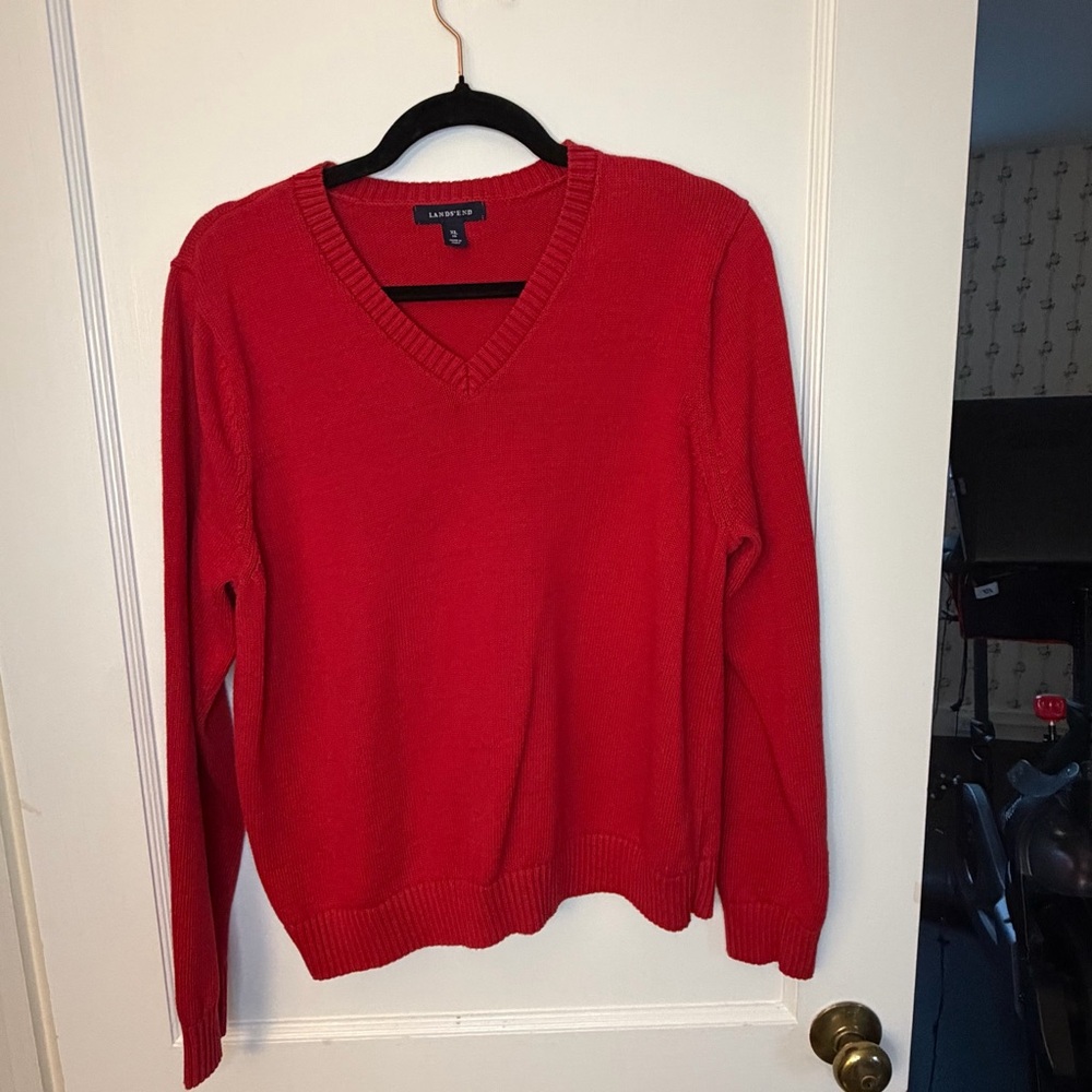 Lands' End Women's Red Knit Cotton V-Neck Long Sleeve Pullover Sweater XL